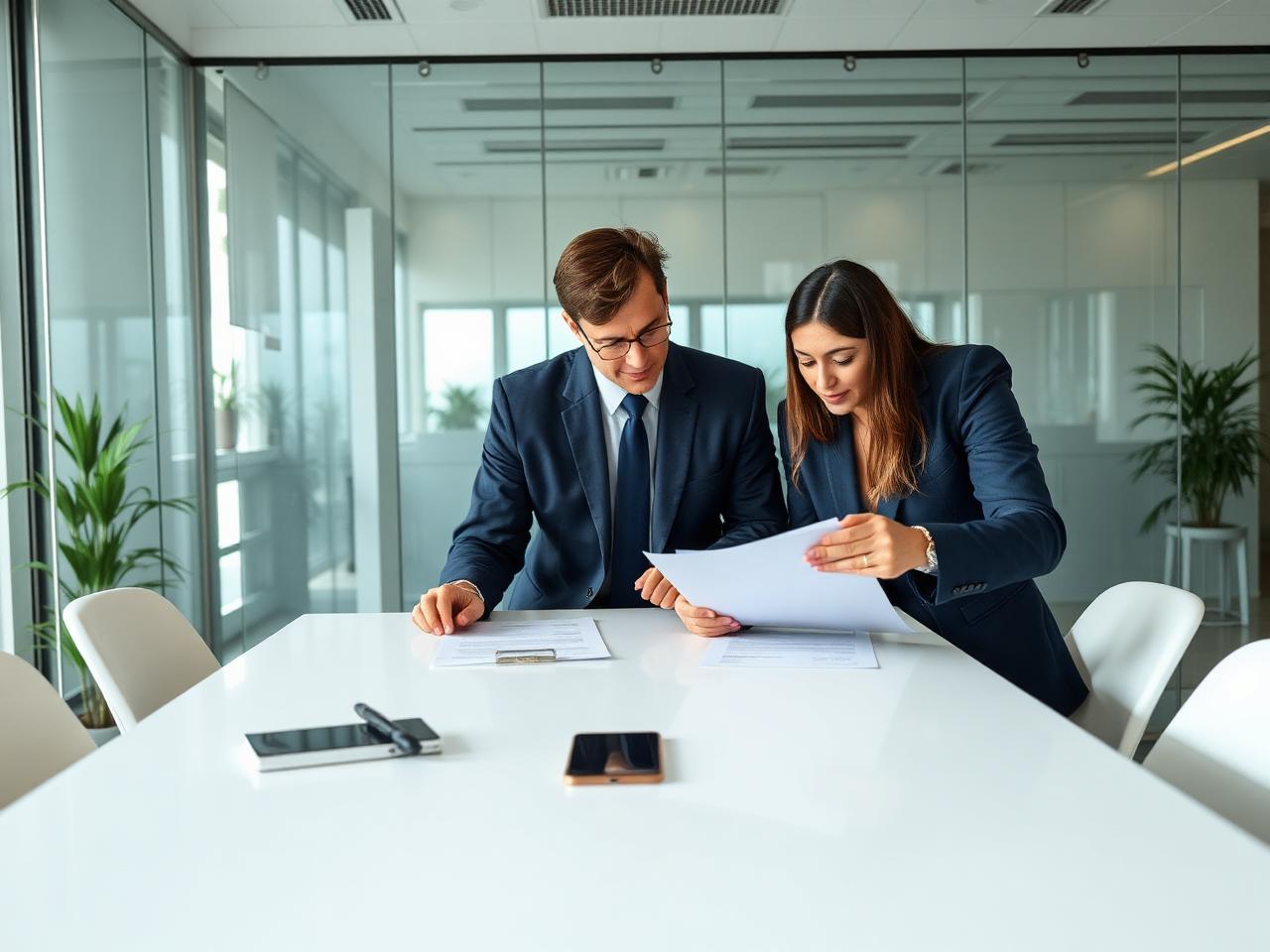 Equipe consultiva revisando documentos em sala de reunião corporativa
